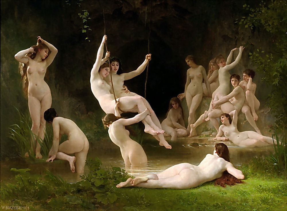 A crowd of lusty nude nymphs playing in a pond. Their erotic naked bodies are on full show.