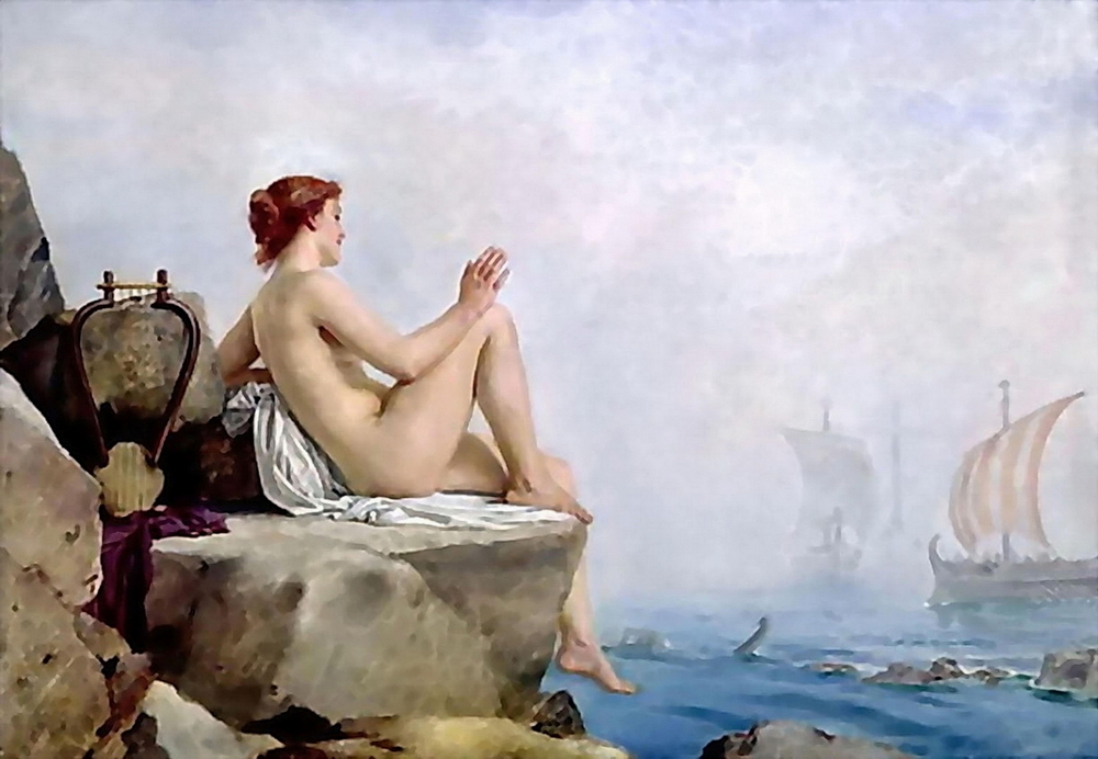 A nude Siren is luring the sailors on to the rocks.with her volutuous naked body because Sirens do that don't they?