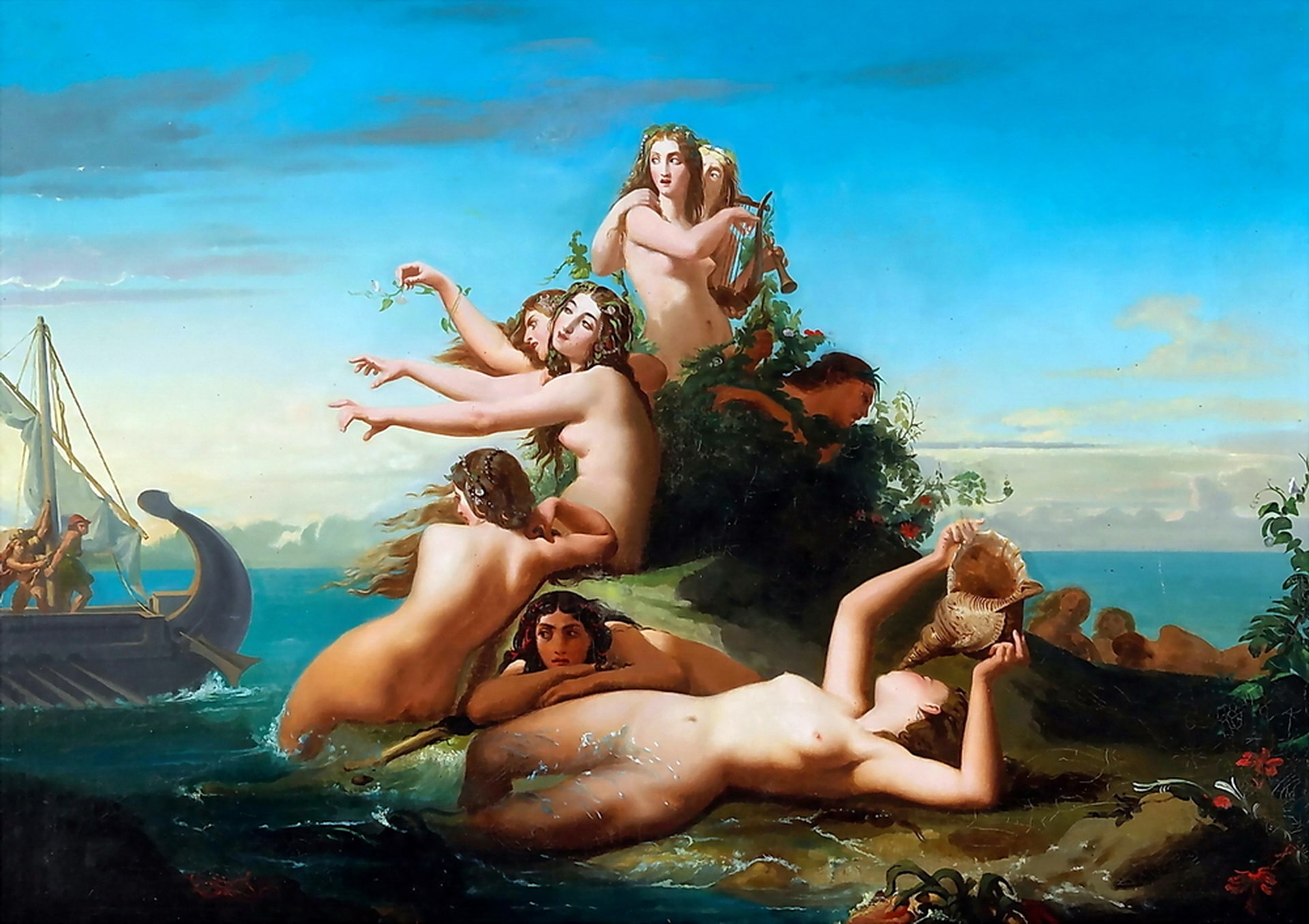 The sirens are singing sensuous songs of lust and desire to attract the weak males to shore.