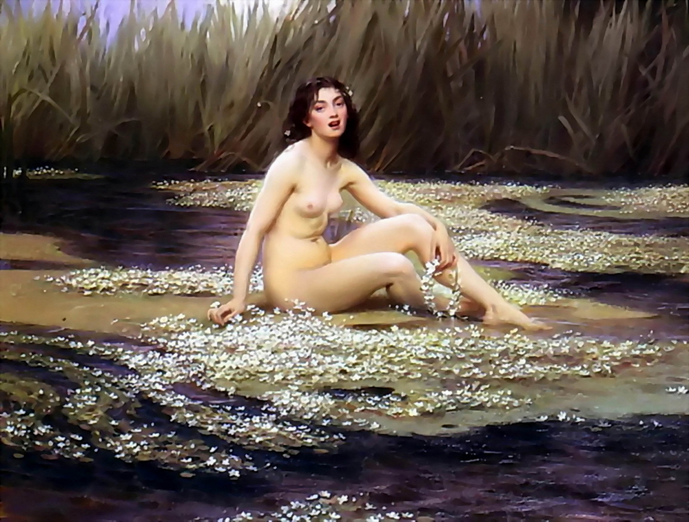 A naked Water Nymph sitting on white flowers on a pond showing off her lustful nude body.