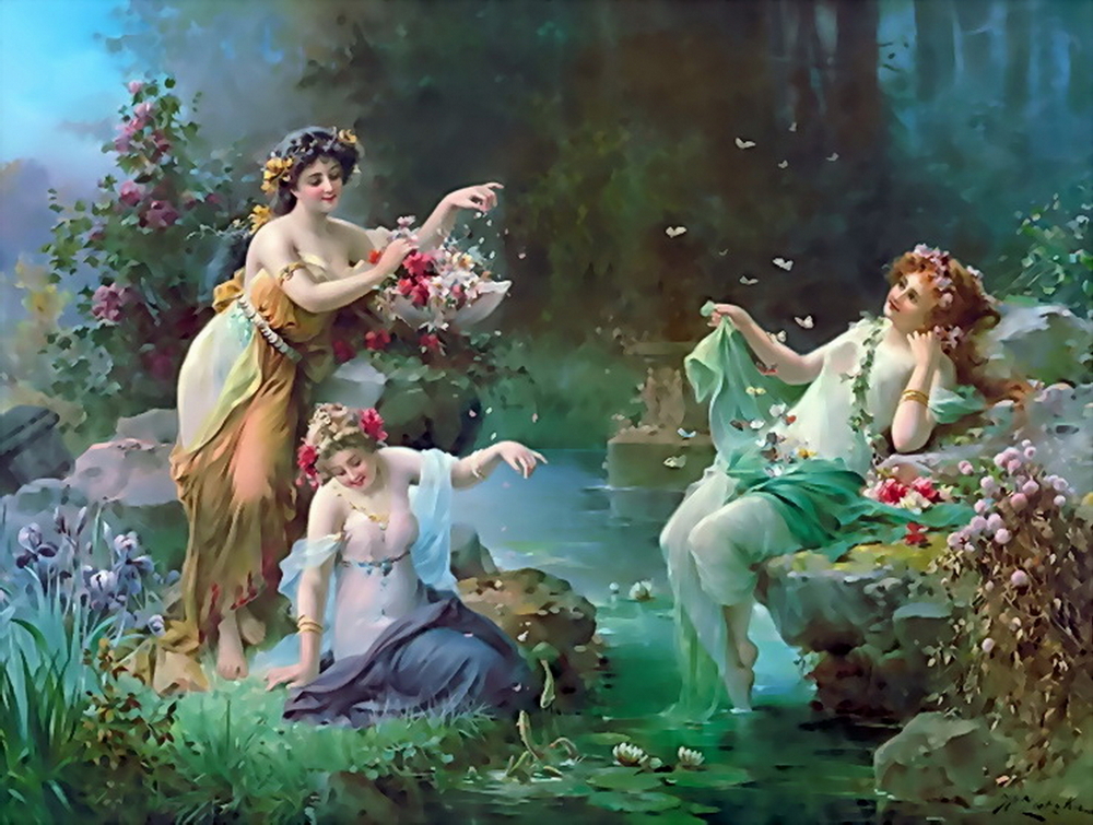 Three seductive nymphs sitting on the edge of a pond surrounded by flowers. They look very alluring in their pretty dresses.