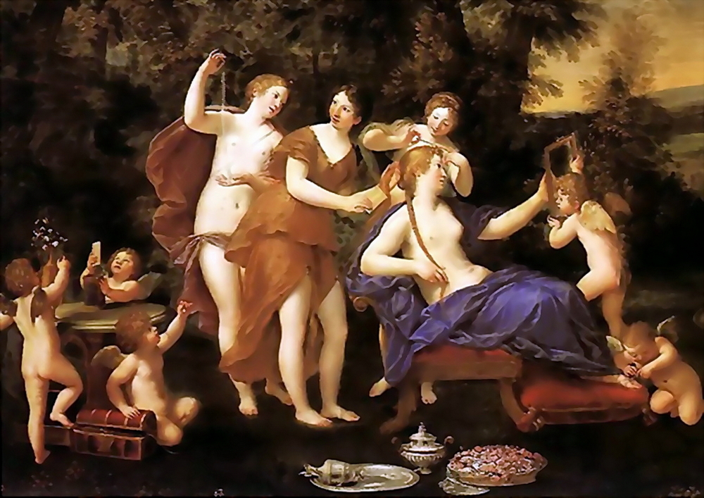 Venus is being helped by nymphs and Cupids. The Goddess of Love is having her long golden hair done by a naked nymph while a Cupid is holding up a mirror so that she can check out the work being done.