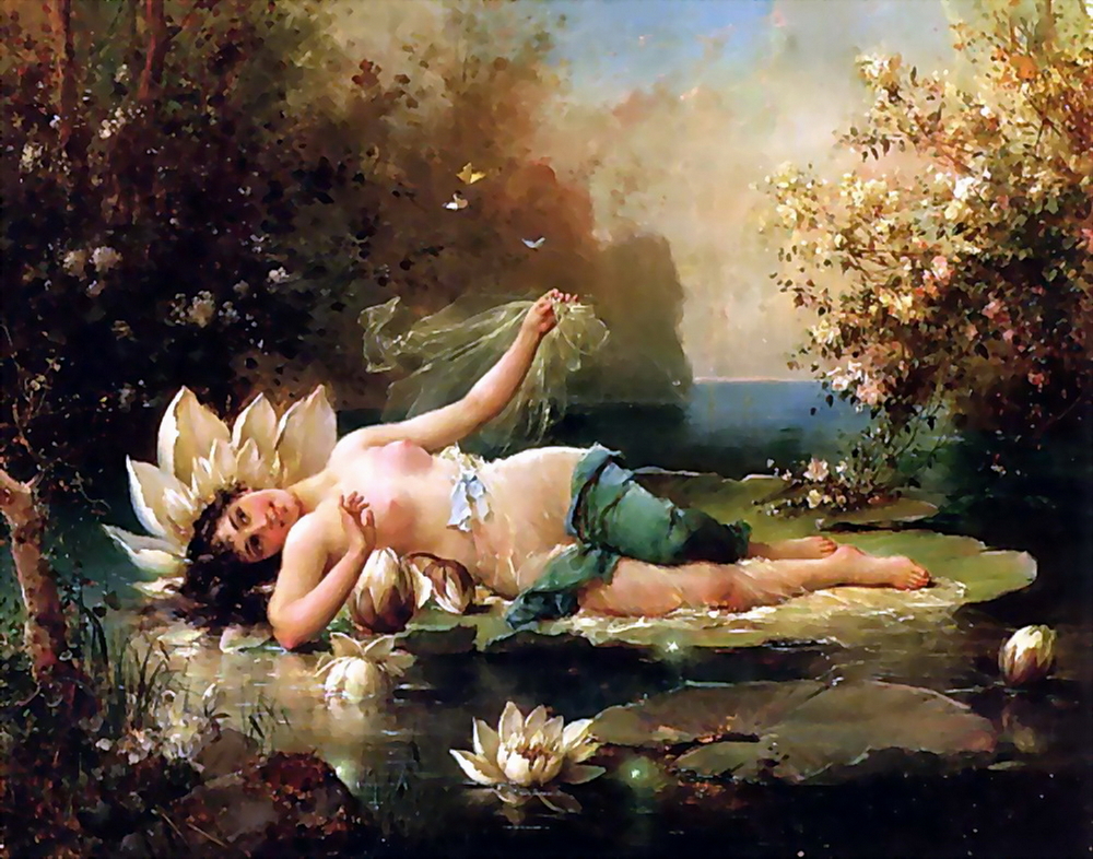 A naked Wter nymph is lying on a water lily showing off her buxom breasts. The alluring young lady has pretty eyes