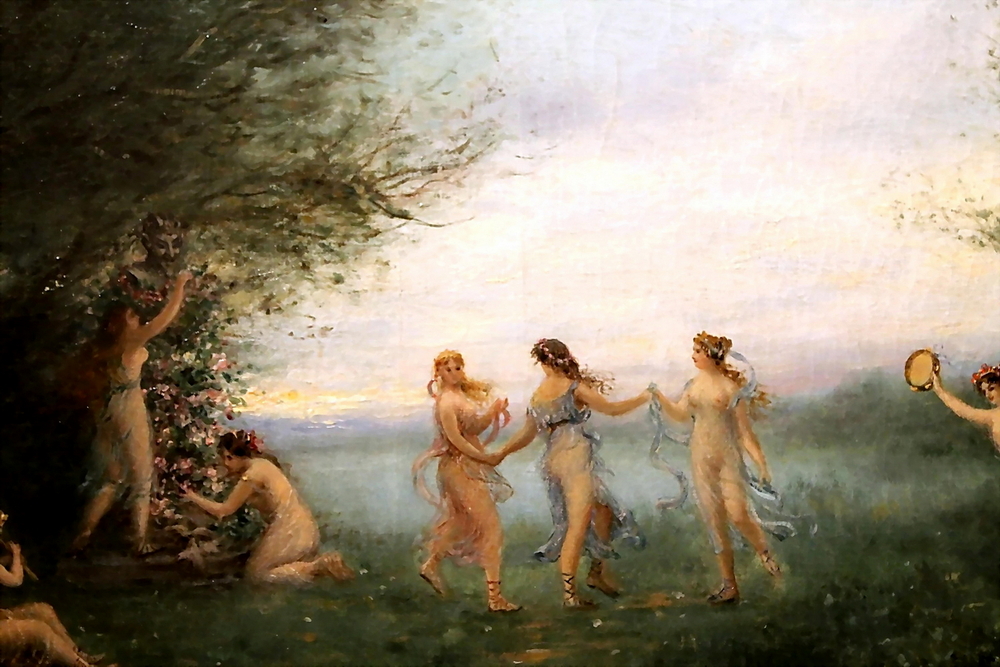 Voluptuous naked nymphs in very see-through garments with pretty flowers in their hair. The erotic young ladies are dancing beside a lake.