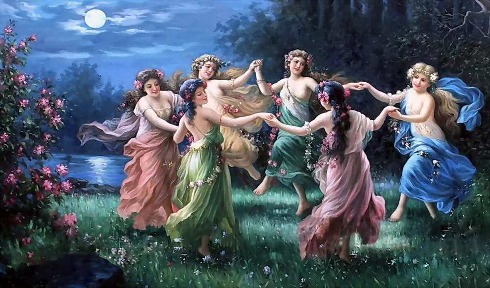 Six pretty nymphs with flowers in their hair are beside a lake on a moonlit night are dancing in their sensuous outfits.