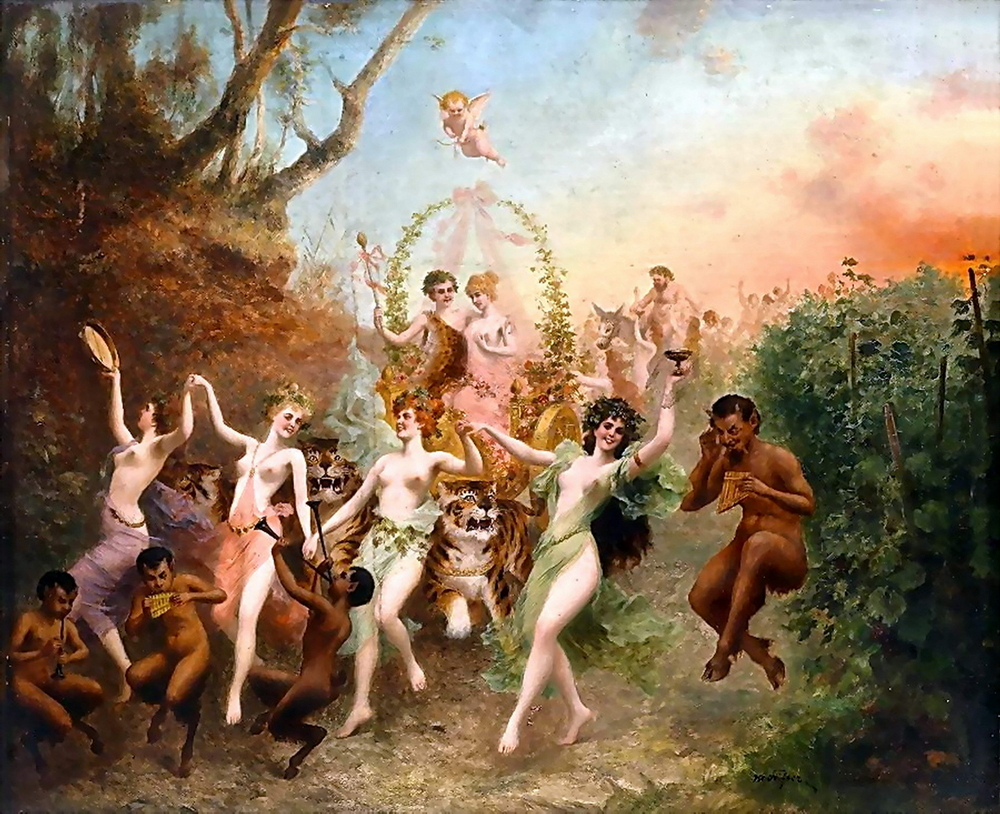 Dancing naked nymphs with sheer garments are showing off their beautiful breasts and lovely faces whilte the fauns are playing their musical instruments. Three tigers are in the festival too!