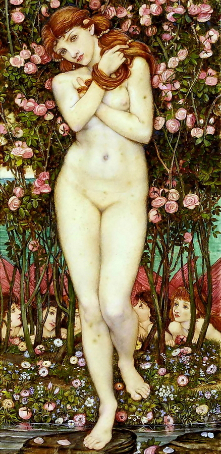 A naked nymph with pretty eyes and lustful lips is standing beside some pink roses and other flowers.