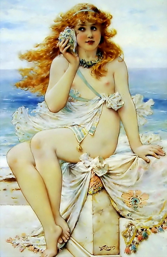 A naughty nude nymph with a shell up to her ear. The pretty girl has lovely eyes and hot lips for kissing. She has long red hair down her back and sexy bosoms.