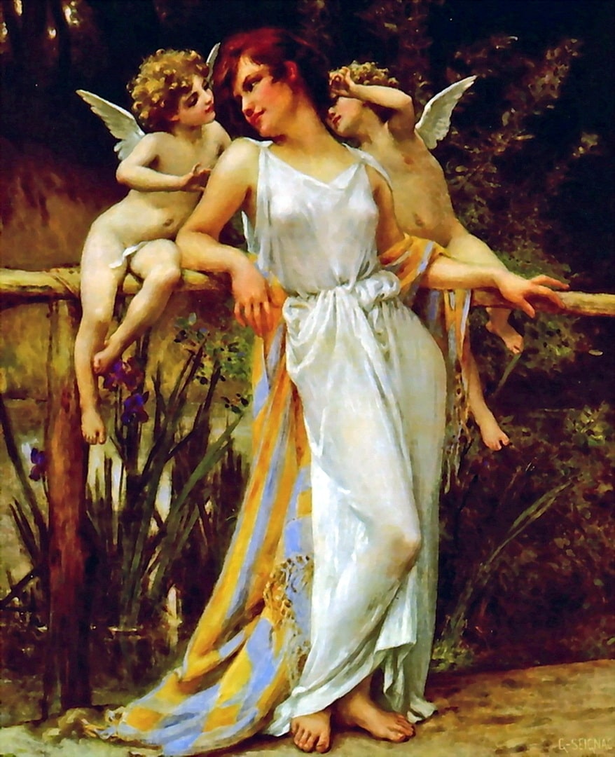 A beautiful nymph in a lovely white dress hanging around with two cupids who can help weaken the nymphs next target. They can shoot their arrows of lust into her next sex adventure.