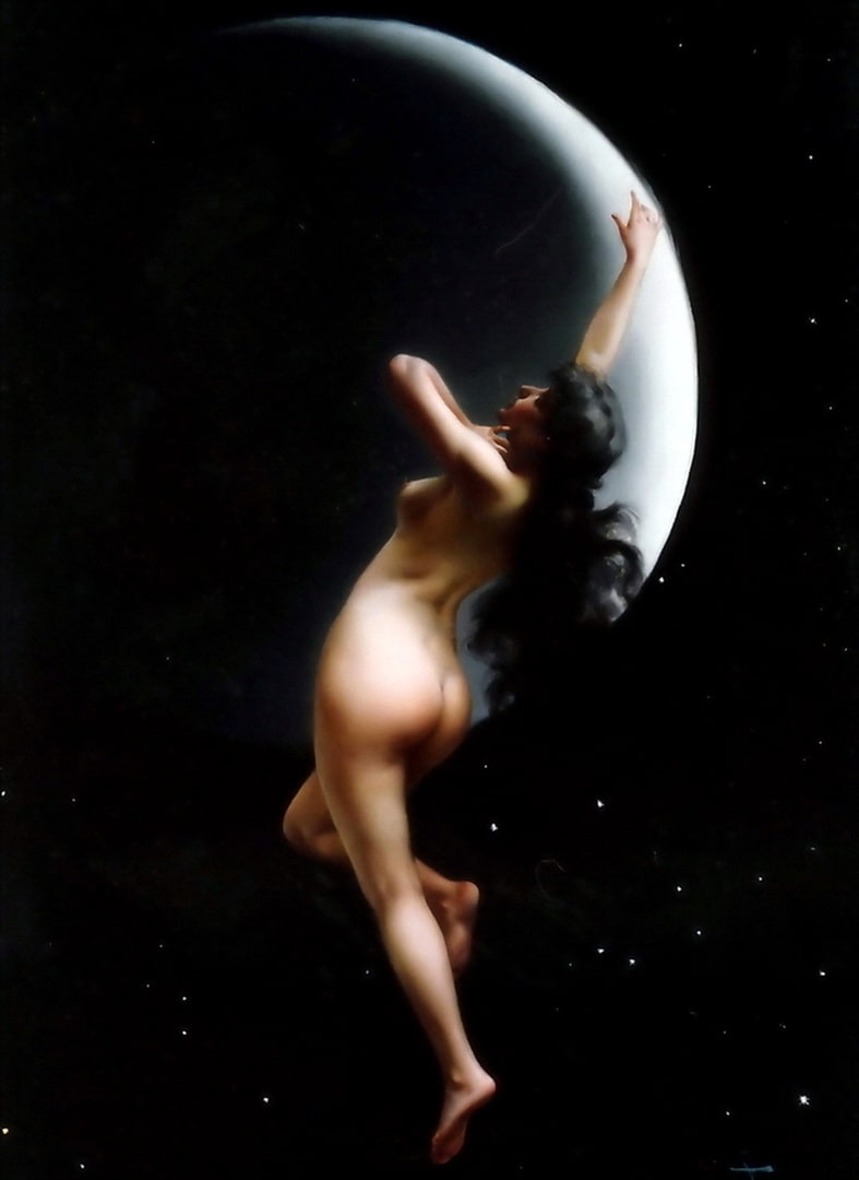 The Moon Nymph is jumping for joy in her seductive naked body. As the beautiful nymph leaps at the moon.