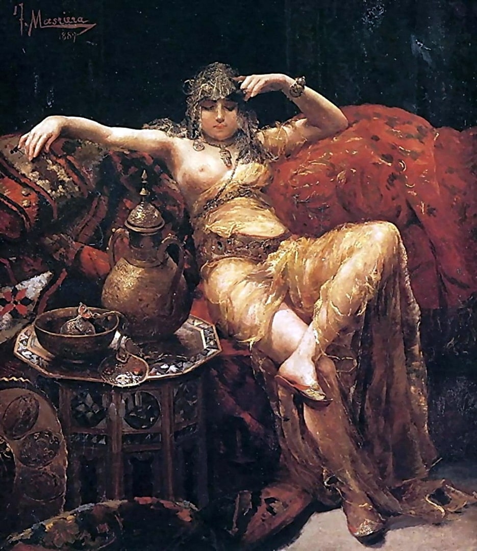 A sexy Odalisque with buxom boobs sitting elegantly on a couch with a big jug in front of her.