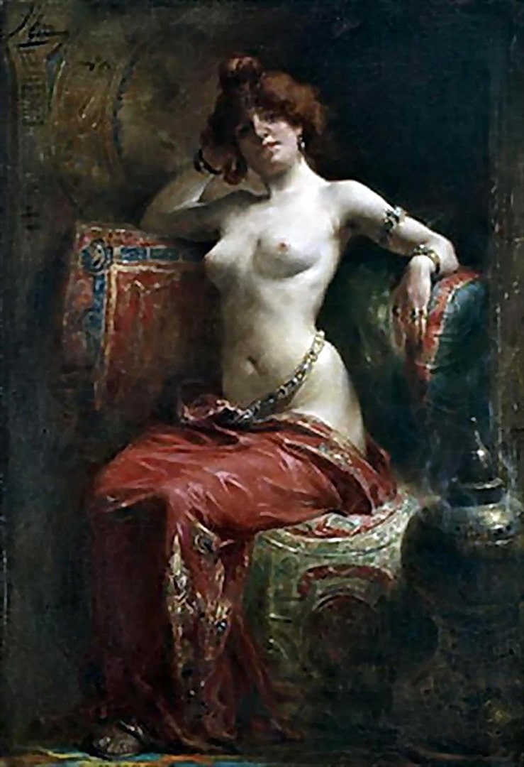 A pretty Odalisque with buxom bosoms. The naked woman also has very naughty nipples. She is sitting on a chair flaunting her raunchy breasts waiting for her call.