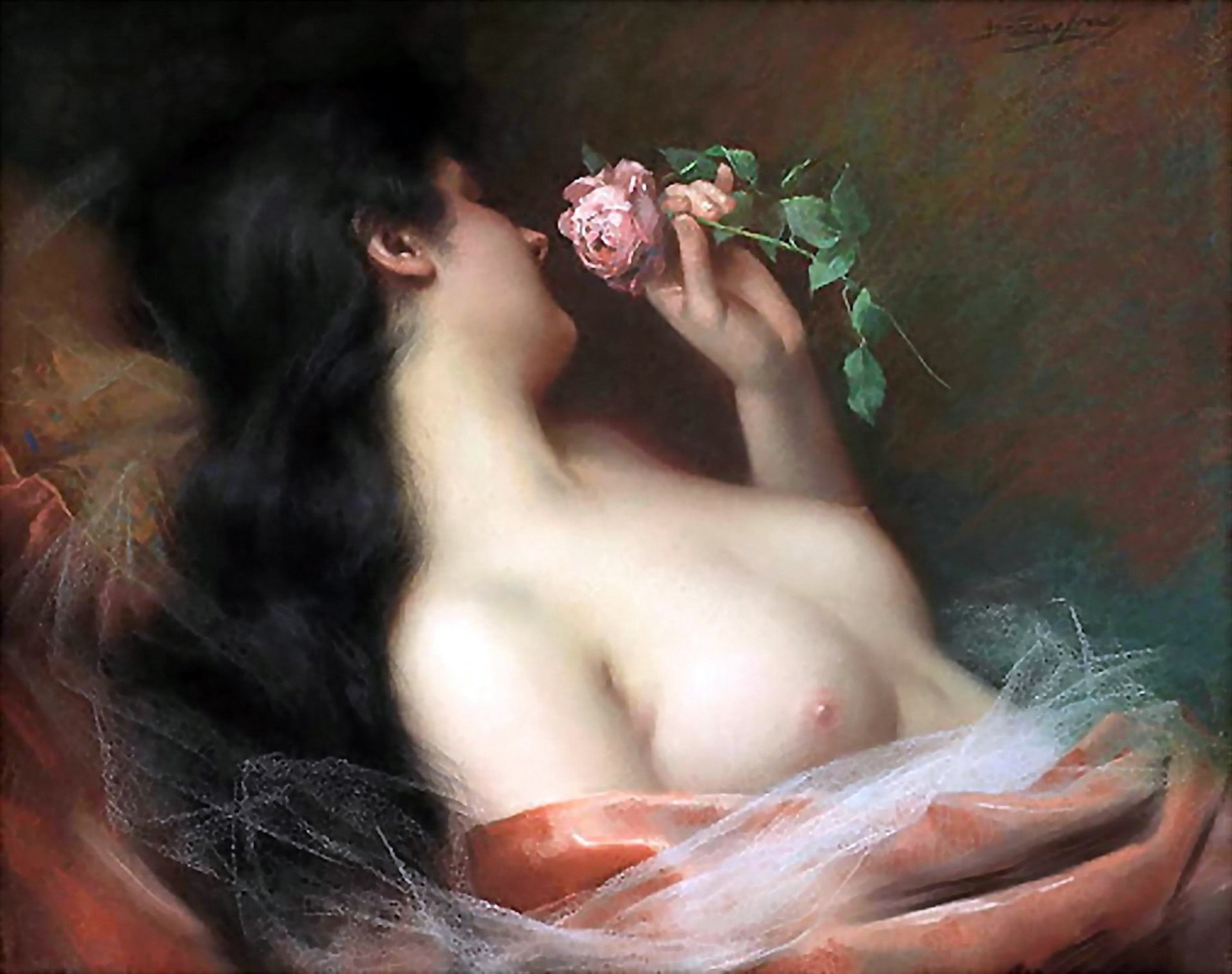 A sensuous painting of a pretty lady with lovely bare breasts. A nude girl holding a pink rose. She is smelling the lovely flower and looking very happy with with her present from her lover.