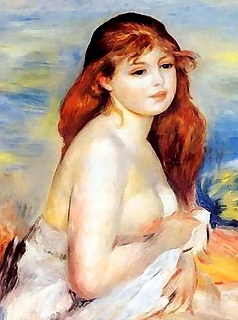 A nude girl showing off her breasts she has long seductive red hair down to her bosoms.