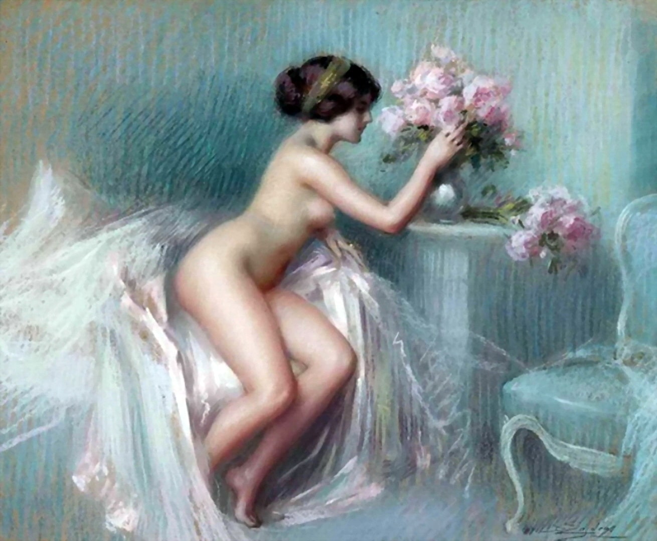 A lovely nude lady arranging pretty flowers in a vase. The beautiful naked girl has very nice breasts.