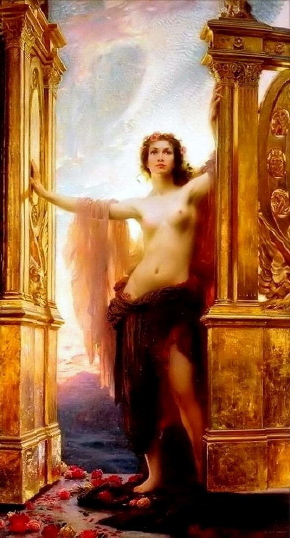 A painting of the Roman Goddess of the Dawn, Aurora. A semi-naked lady is showing her boobs.