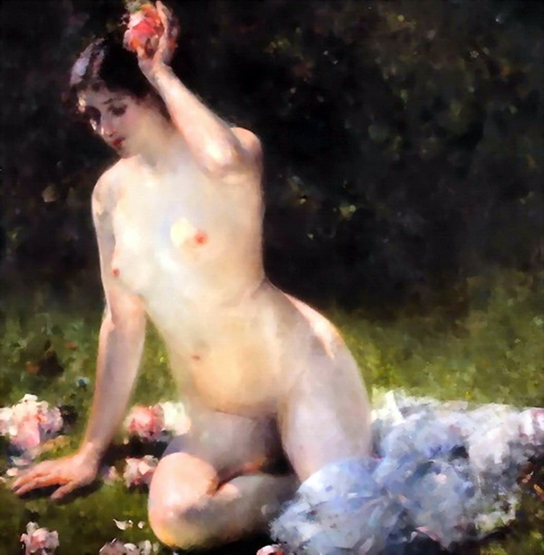 A lovely nude lady with a flower is displaying her breasts and is enjoying the sunshine.