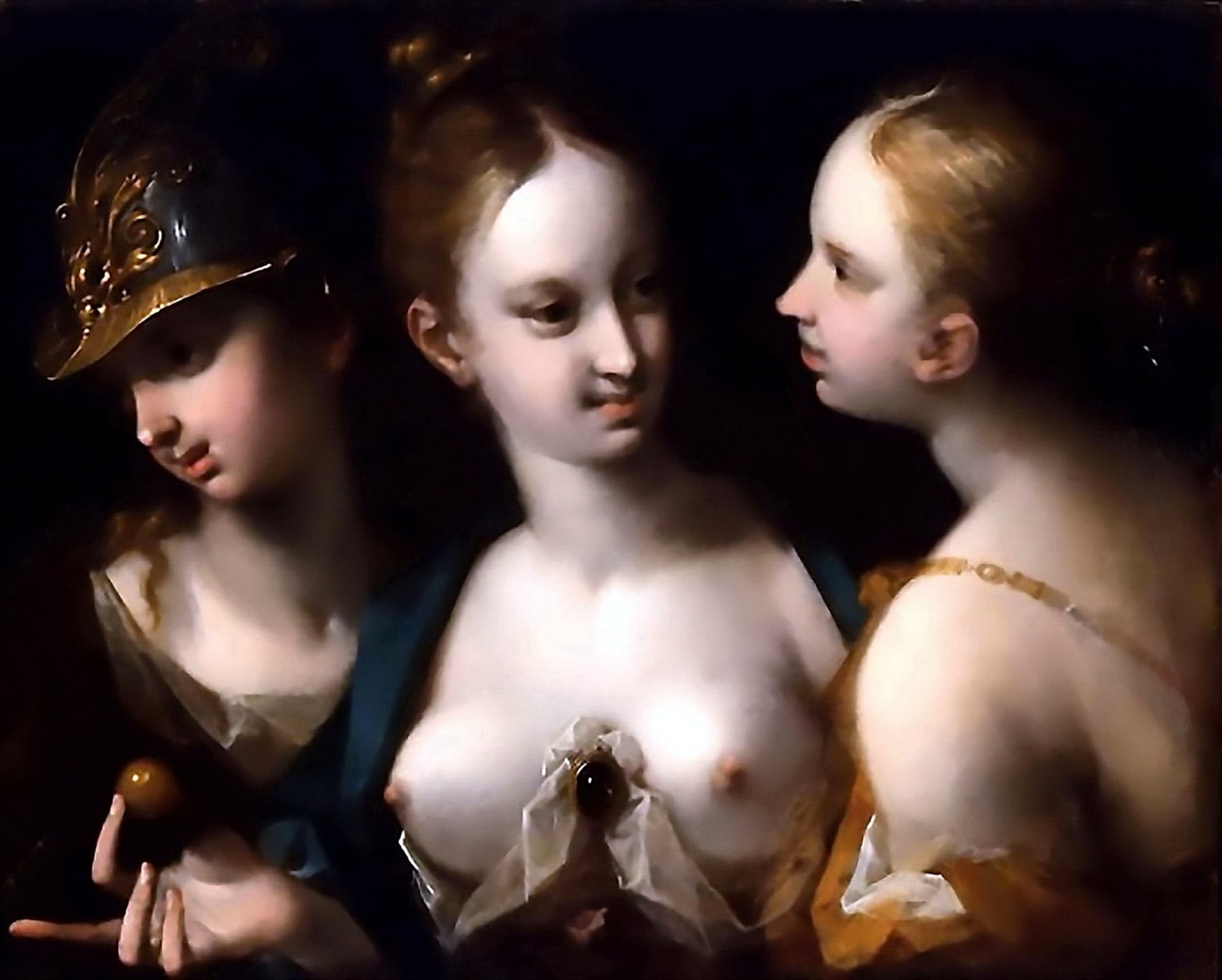 Three erotic Goddesses and Venus is flaunting her beautiful breasts and sexy nipples. These are three very naughty girls having fun together.