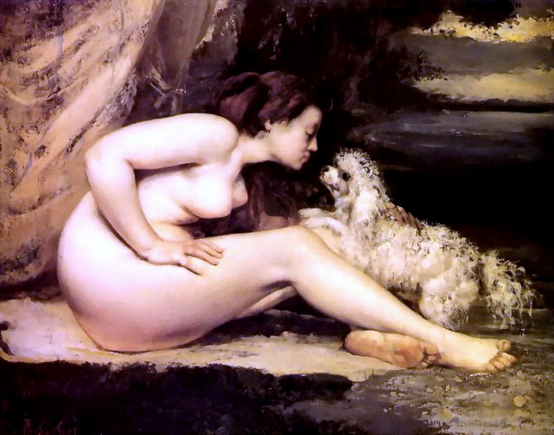 A naked woman with a dog The lady has voluptuous breasts and is comfortable being nude.