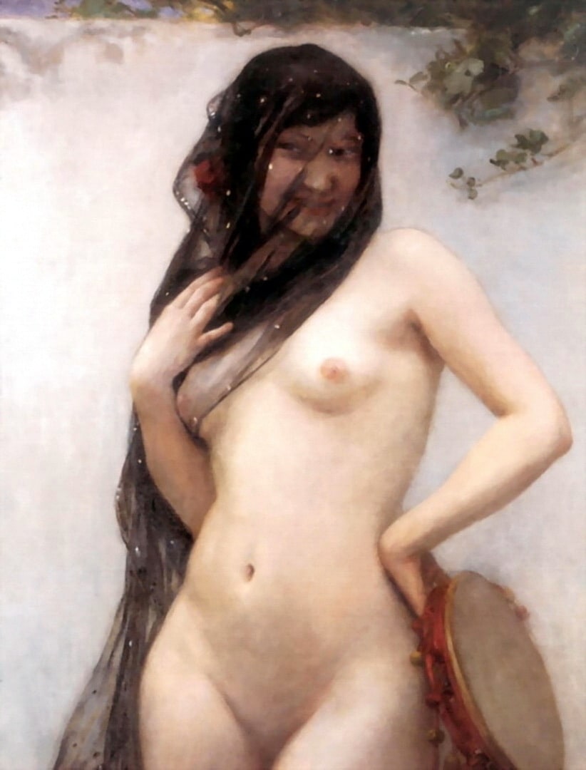 A saucy nude lady with a sheer black garment over her head. She looks very seductive.