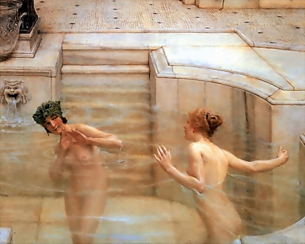 Two nude women in a pool playing games. Showing off their sexy naked bodies.