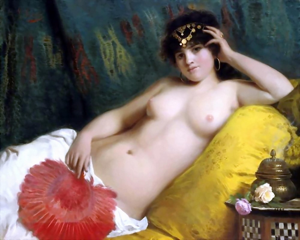 A naked woman with sexy breasts and erotic nipples with two pretty flowers beside her.