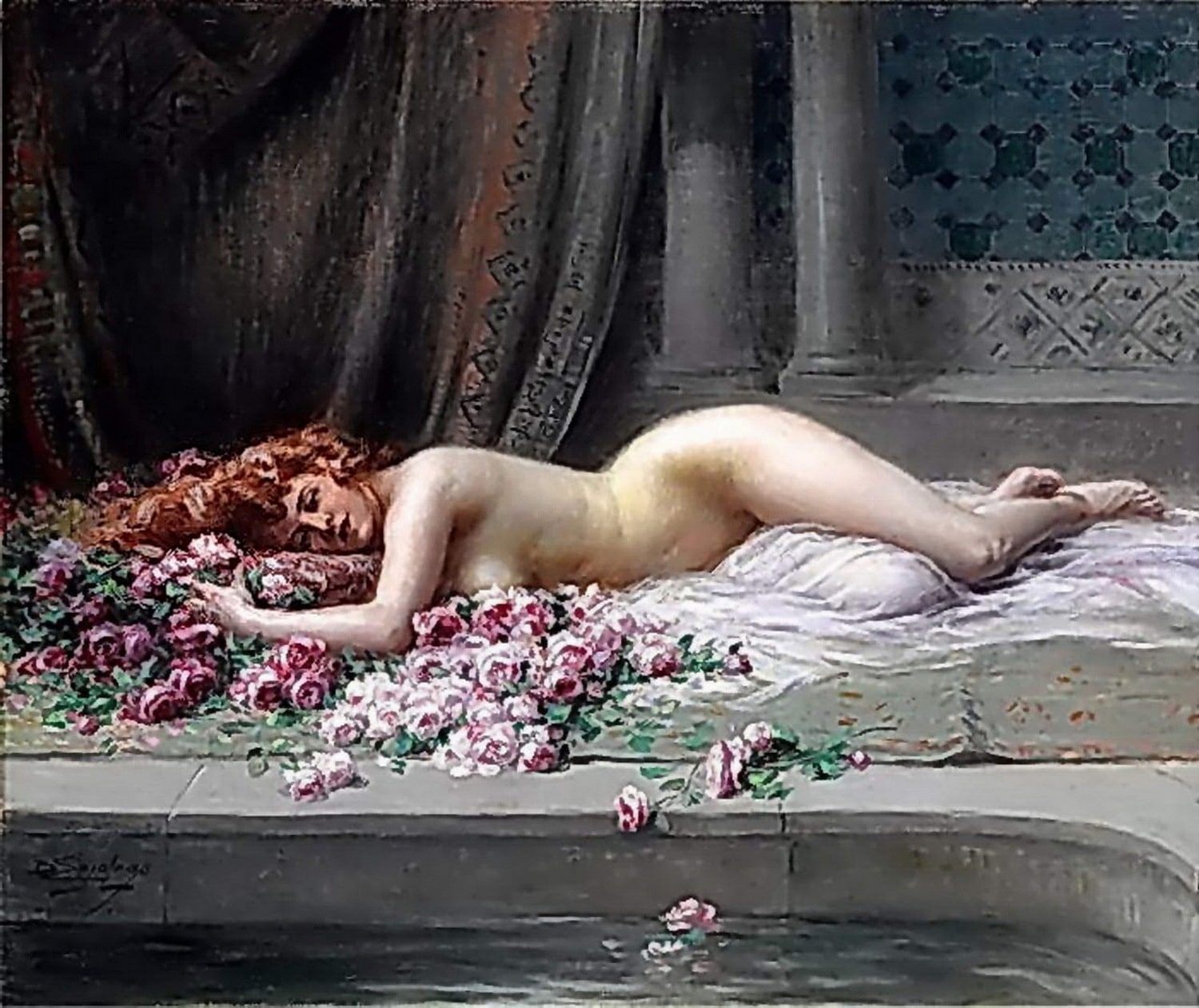 A lovely naked lady is lying on a bed of pink roses. A beautiful painting of a girl.