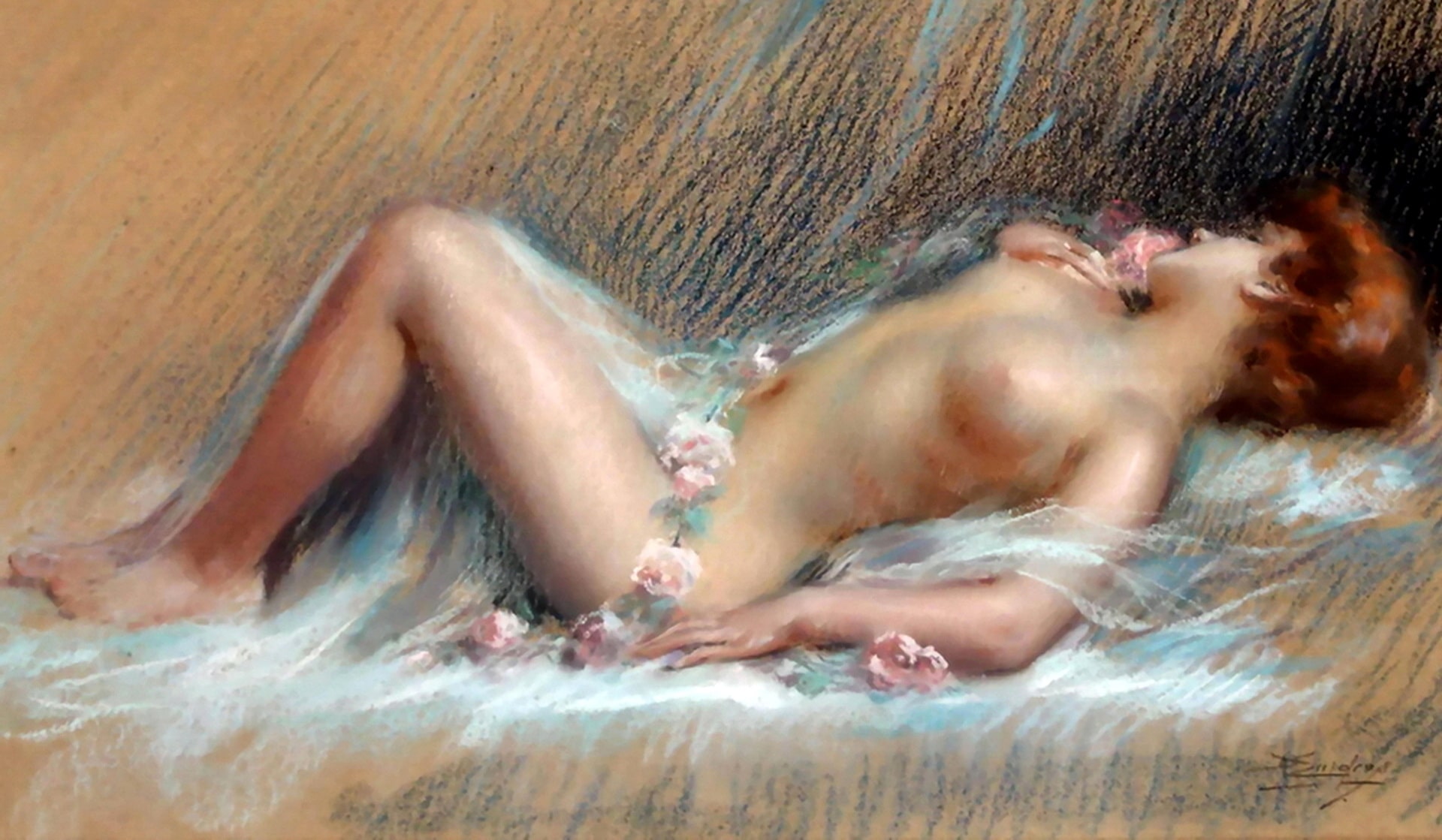 A pretty young lady lying on her back displaying her beautiful breasts and pink flowers