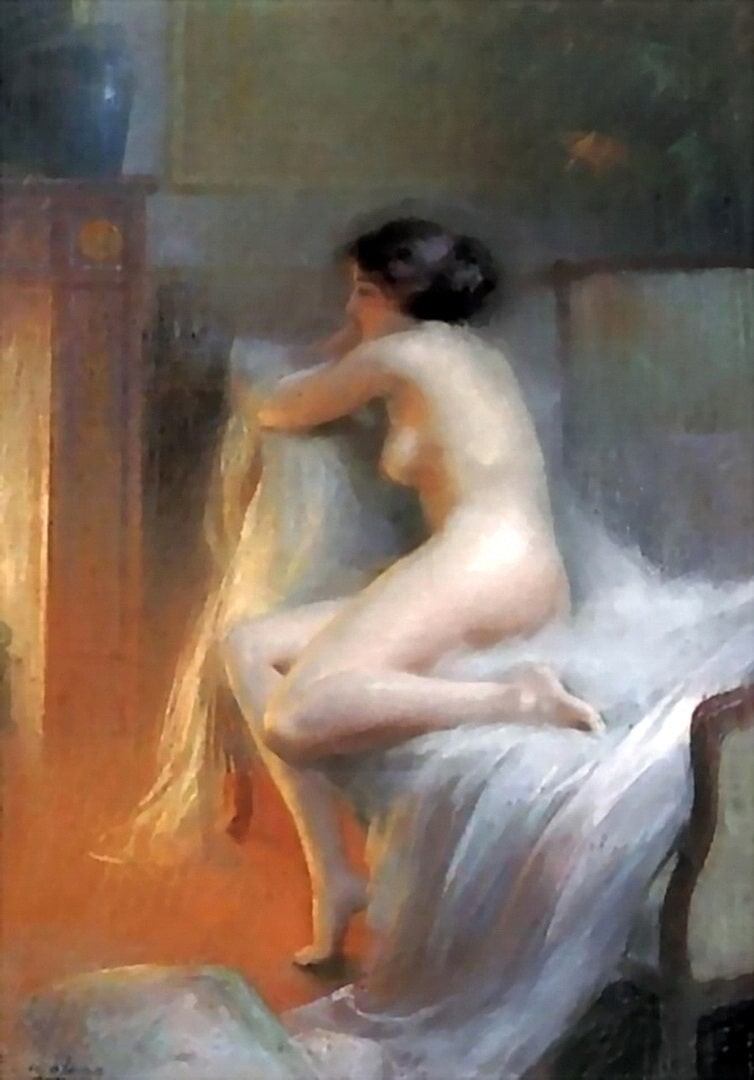 A naked lady is resting in front of the fire with her sexy breast and cute bottom.