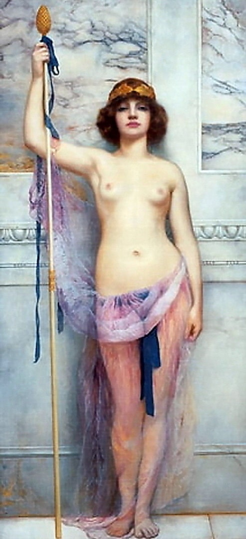 A naked priestess in a sexy sheer dress is displaying her boobs for her admirers.