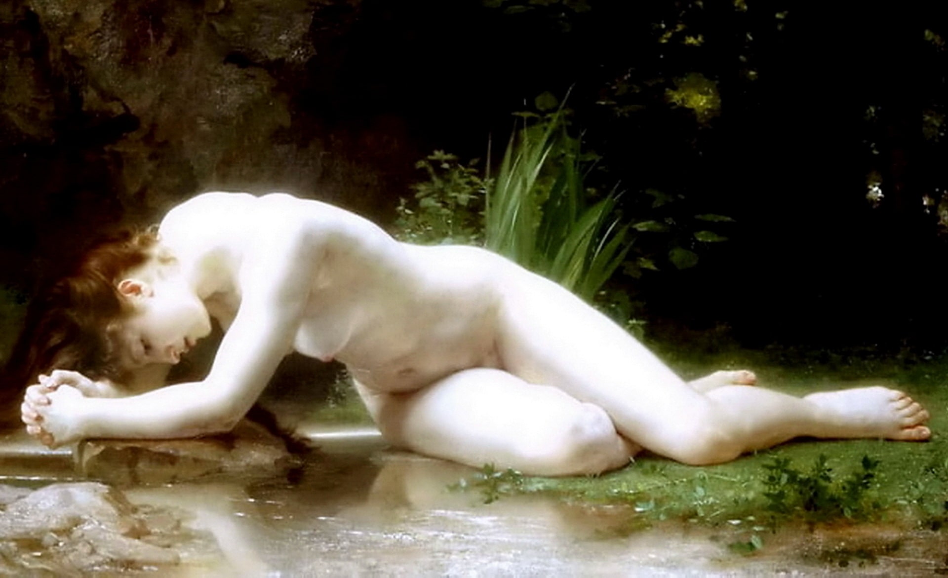 Biblis is a young nude woman lying stretched out over a stream with her arms on a rock.