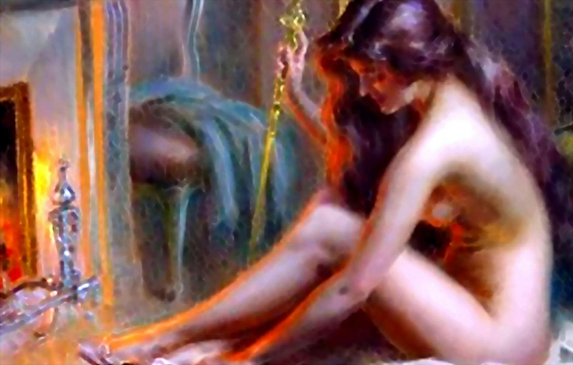 A naked woman in front of a fireplece