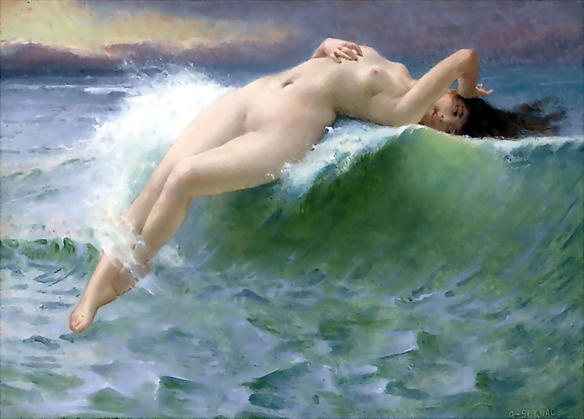 A naked girl doing backflip over a wave