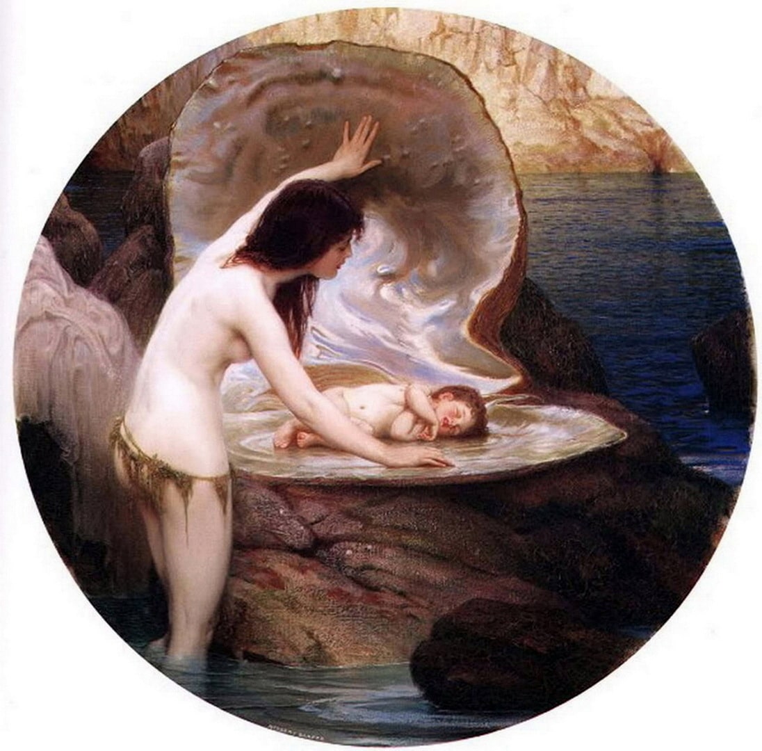 A water nymph has found a baby in a giant clam She has hair down to her breasts