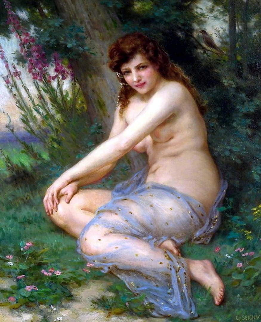 A saucy naked woman in the forest with pink flowers The nude lady has nice tits with cute nipples and a sheer garment on her lap