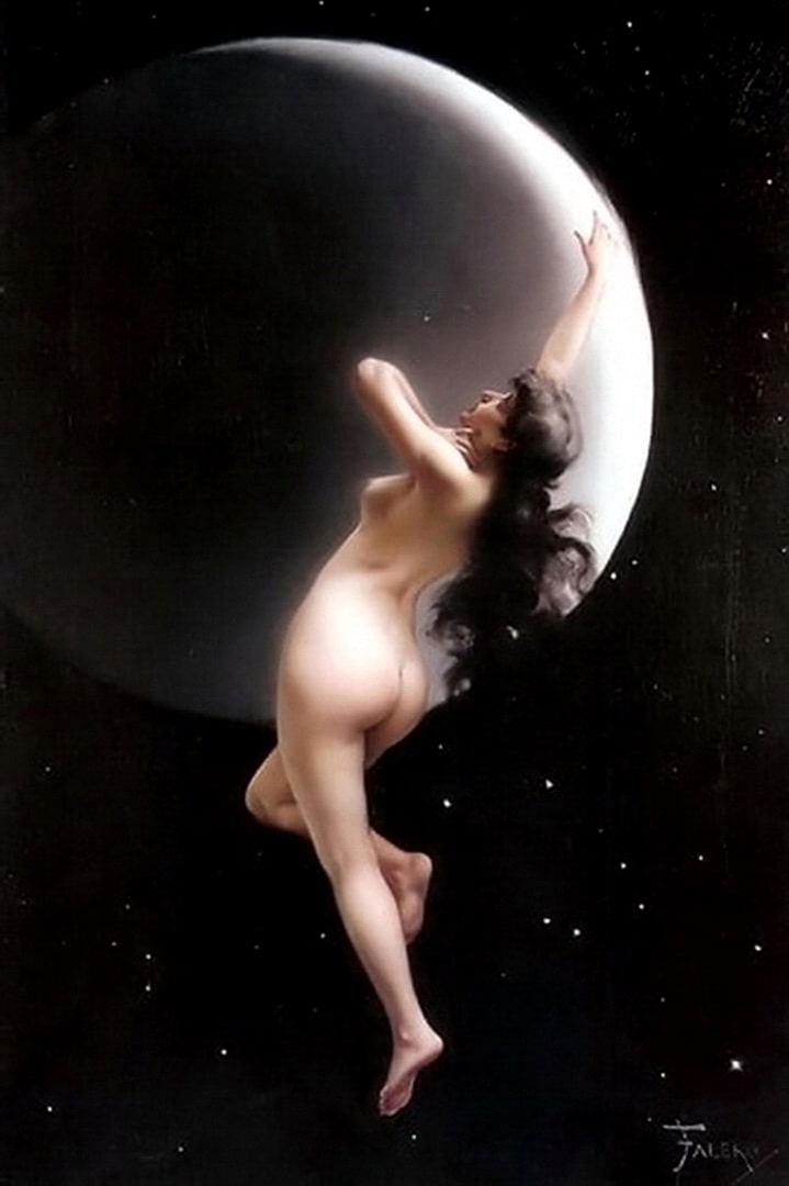 A Moon Nymph with long black hair down to her bare bum Leaping for joy at the moon and showing off her erotic naked body