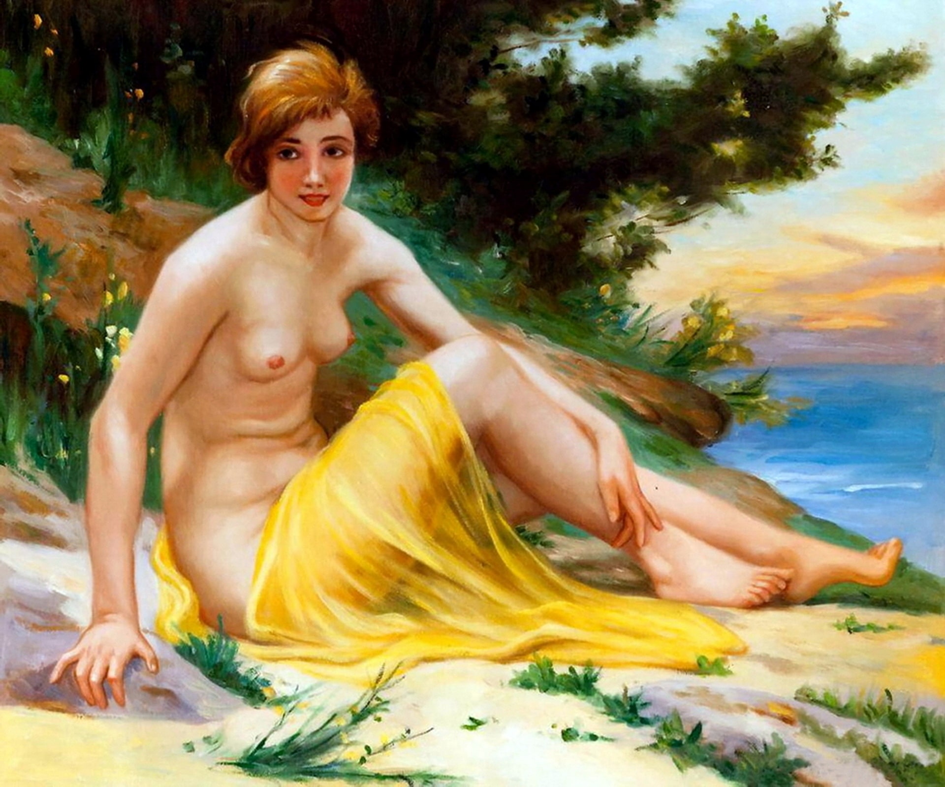 A voluptuous naked woam sitting on a beach with a sheer yellow garment over her and displaying her beautiful boobs