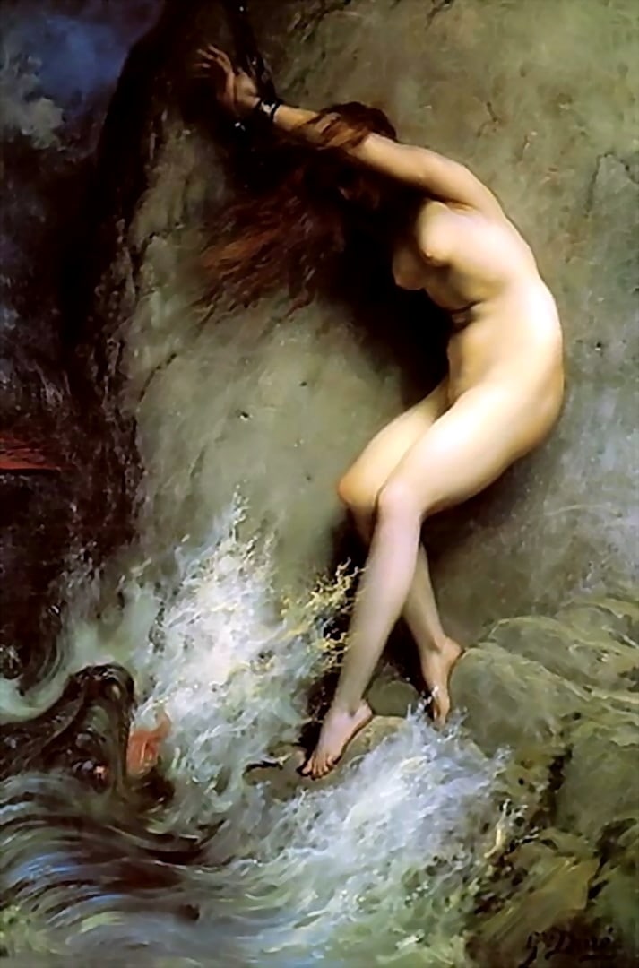 A naked woman chained to a rock The nude girl is swinging over the sea with her long hair blowing in the wind