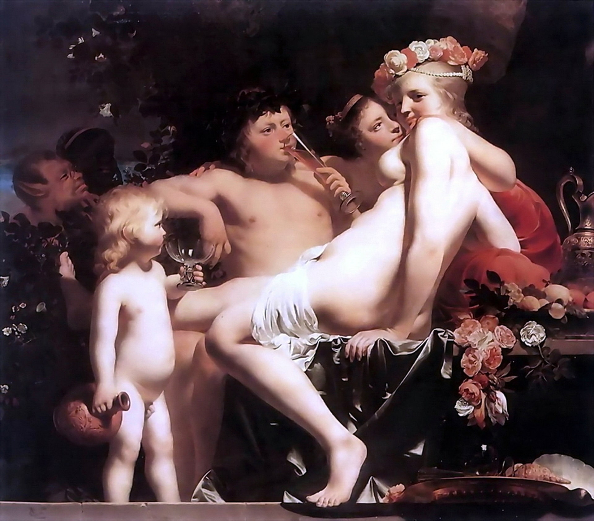 The God of Wine with two naughty nymphs There erotic girls love lots of sex Pretty roses everywhere