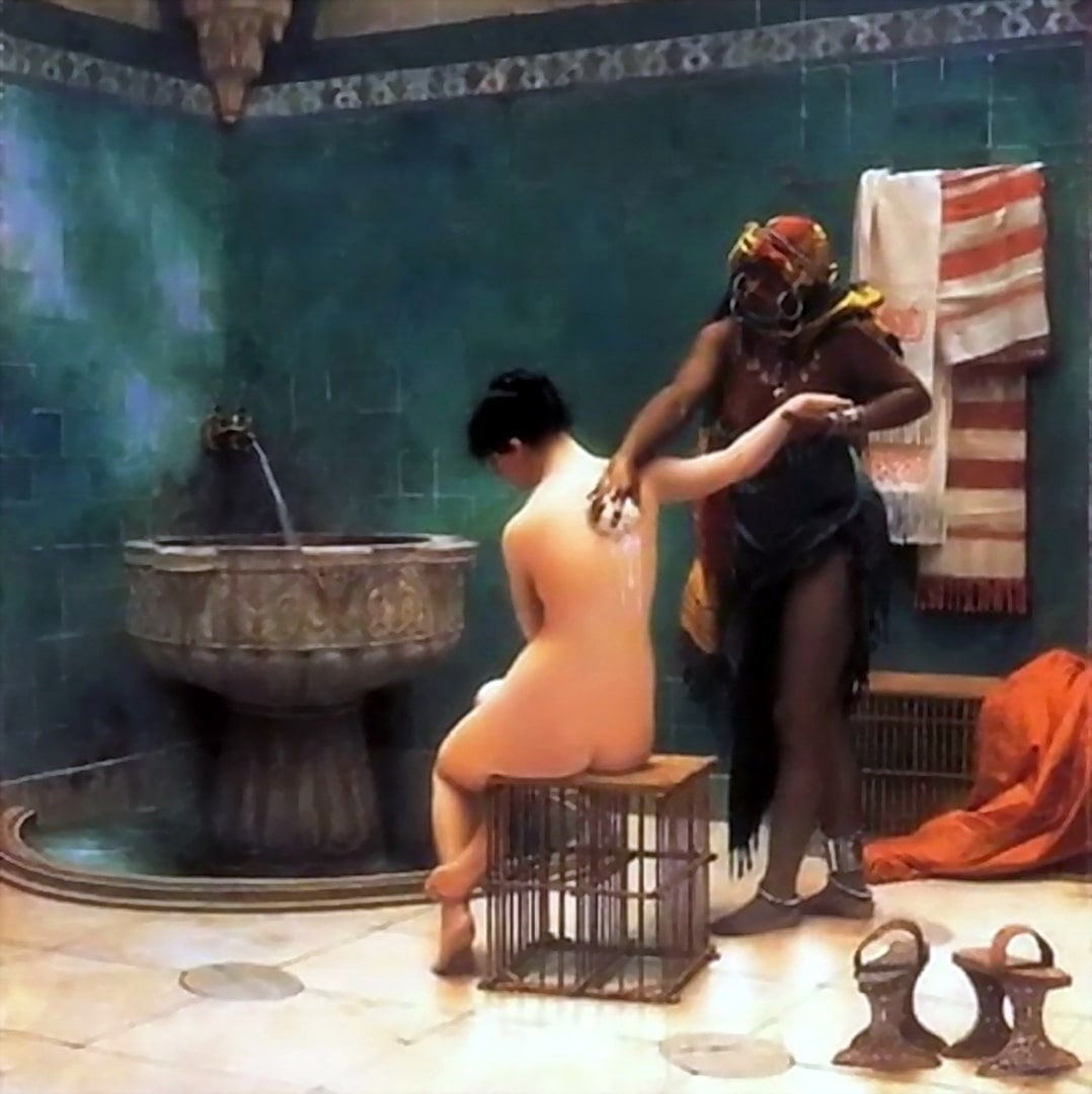 A harem girl is being bathed by her helper We must be clean for the Sultan