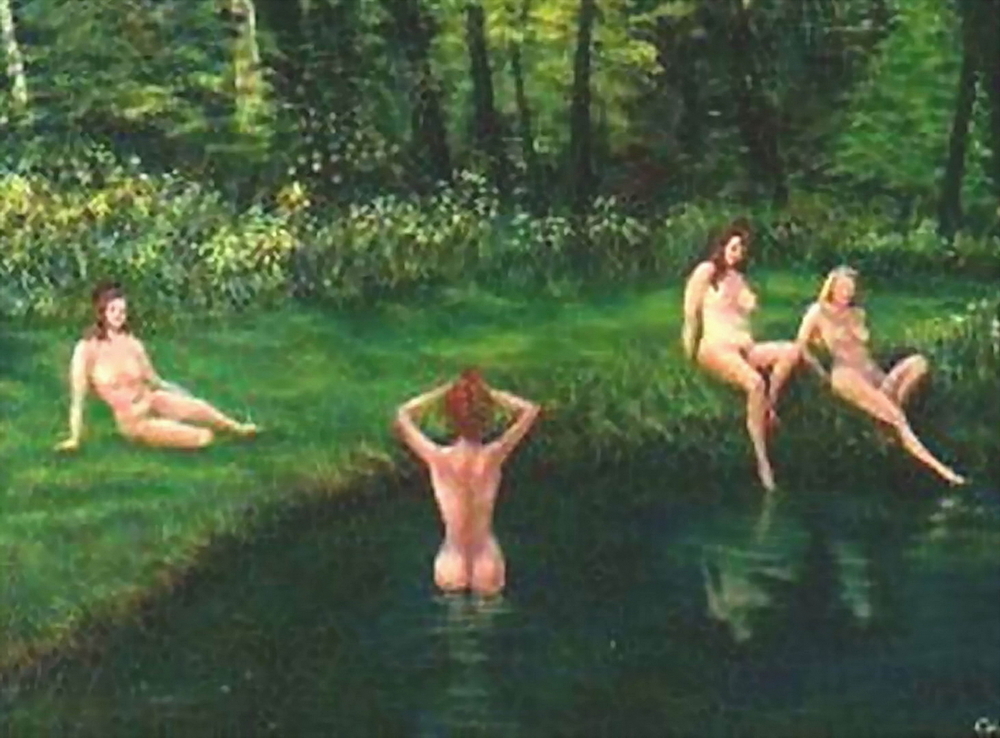 Four buxom nymphs playing beside the lake and taking a dip the naked girls aren't ashamed of their nude bodies and sexy boobs! Nice bum!