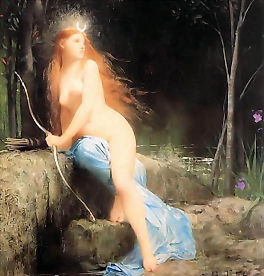 A naked woman with a bow and arrows and beautiful long golden hair running down her nude body with sexy breasts Her hot body is shining as she sits in front of a pond with a couple of pretty purple flowers