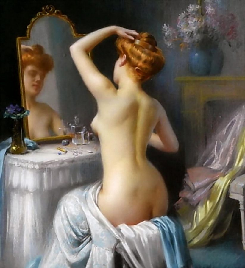 A pretty red haired lady naked in front of a mirror with a cute botom and a buxom boob and nipple on show She feels comfotable with her sexy nude body as she fixes her hair There are lovely flowers in a vase on the mantlepiece