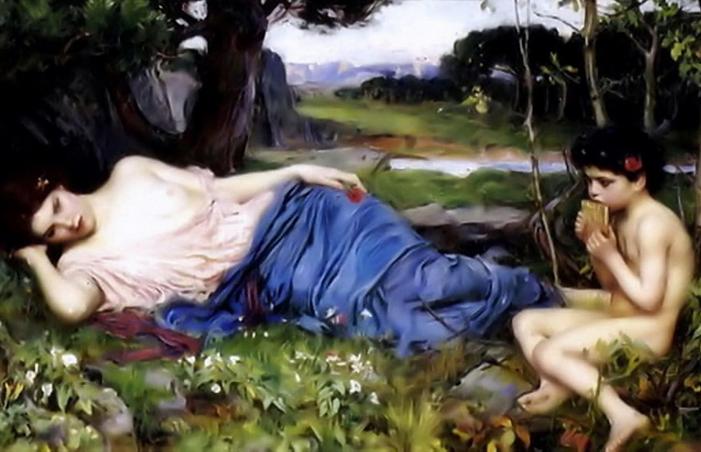 An elegant lady showing her breast as she lies in a paddock near a stream with a little Love God playing music on a flute with a flower in his hair